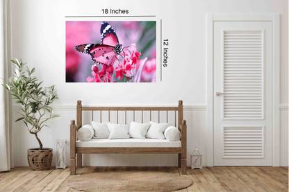 Nature Wall Poster|Beautiful Butterfly on Pink Flowers Poster|Nature Poster For Decoration|1Pc|Scenery Poster For Bedroom, Corridors Paper Print