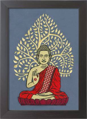 Digitizingmart Gautam Buddha Photo Frame With Machine Made Embroidery Design, Size 8x11 inch Religious Frame