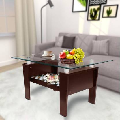 ELTOP Wooden Center Table With Glass Top For Living Room Glass Coffee Table