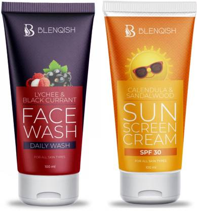 Blenqish Lychee & Black Currant Facewash with Calendula & Sandalwood Sunscreen SPF 30 PA+++
