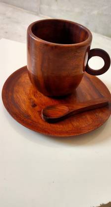 NECORE Pack of 3 Wooden Handcrafted Wooden Cup, Sauser And Spoon Set