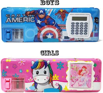 GAMLOID Girl/Boys Inbuilt Calculator2 Side Open Double Sharpener Stationery Learning Kit Geometry Box