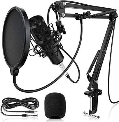 Techtest 800 Condenser Mic for Singing Recording Studio Equipments Full Set Podcast Microphone Stand Mic with Stand and Pop Filter