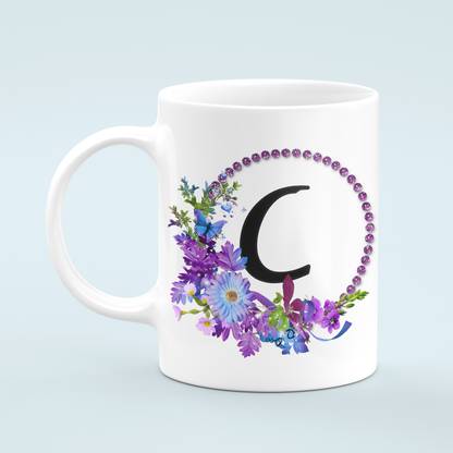 Creative Colorful Floral Letter Alphabet C White Ceramic Coffee Mug