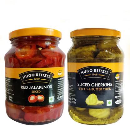 Hugo Reitzel Sliced Red Jalapeno & Sliced Gherkins Bread and Butter Chips, Pack of 2 Gherkin, Jalapeno Pickle