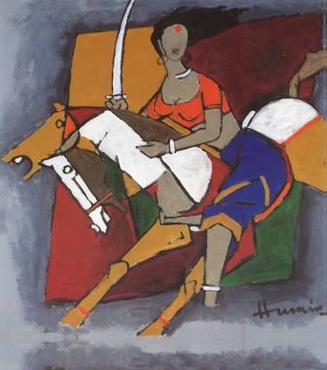 Poster Painting Mf Husain sla1084 (Large Poster, 36x24 Inches, Plastic Paper, Multicolor) Fine Art Print