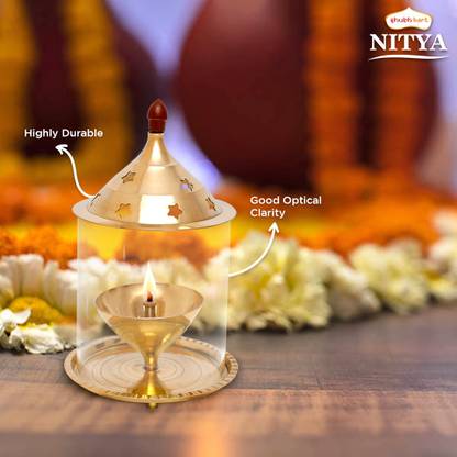 Shubhkart Nitya Akhand Jyot Aaradhya with Borosilicate Glass - Medium Brass Table Diya