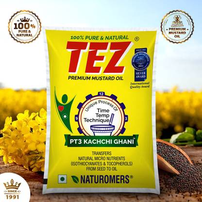 TEZ Premium PT3 Kachchi Ghani - 100% Pure and Natural, Good for Heart - Mustard Oil Pouch