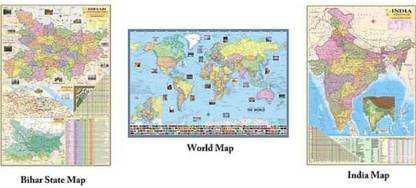 (SET OF 3)BIHAR STATE MAP, INDIA AND WORLD POLITICAL MAPS(SIZE:40"*28"), PAPER PRINT, NON LAMINATED, PAPER FOLDED. MAPS FOR LEARNING FOR COMPETITIVE AND ENTRANCE EXAMS. Paper Print