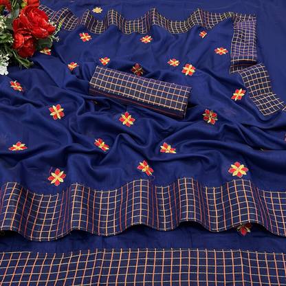 Embroidered, Checkered, Printed Fashion Art Silk Saree