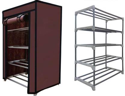 KOnline Metal 4 Tier Rack Shoe/Clothes/book stand Rack with cover -Brown Metal Collapsible Shoe Stand