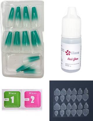 GLAZU Ballerina Shaped Press On Artificial/Fake Nails, with 1 Glue Kit Green