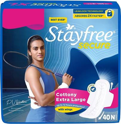 STAYFREE Secure Cottony Extra Large With Wings XL - 40 Counts Sanitary Pad