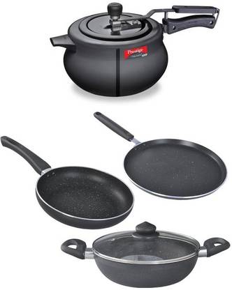 Prestige Black Induction Base Nakshatra 5 Litre Pressure Cooker Hard Anodized And Cookware Set Combo Almunium Induction Bottom Non-Stick Coated Cookware Set