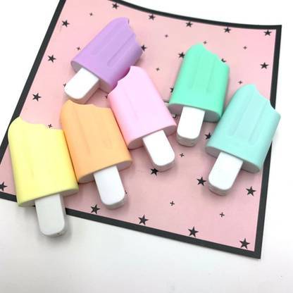 BRIZEM Ice Cream Stick Shape Chisel Tip Fine Grip Highlighters marker pen (pack of 6)