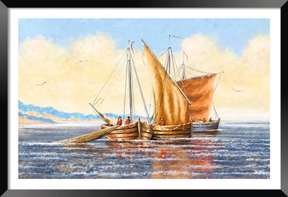 DBrush Old Ship in Ocean Nature Art Laminated Uv Coated Framed Abstract Picture Digital Reprint 14 inch x 20 inch Painting