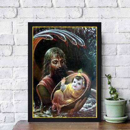 Chaque Decor Vasudev Carrying Krishna Texture Paper Framed Art Print Digital Reprint 13.25 inch x 19.25 inch Painting