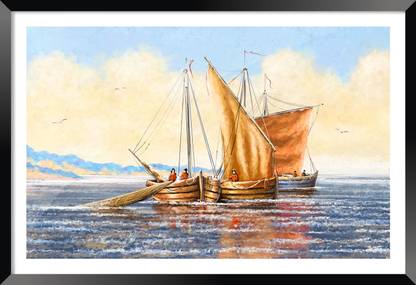 DBrush Old Ship in Ocean Nature Art Original Glass Photo Framed Abstract Picture Digital Reprint 14 inch x 20 inch Painting