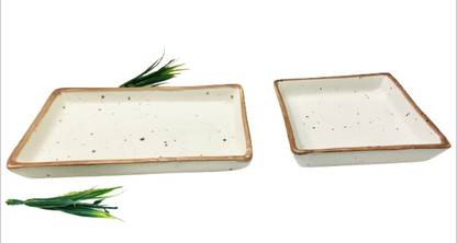 ALTAICA Ceramic Serving Platter Set of 2 One Rectangular one Square Matte Marble Finish Chip & Dip Tray