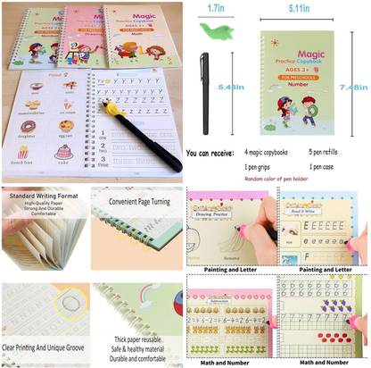 4-Pcs इंग्लिश मैजिक प्रैक्टिस हैंडराइटिंग कॉपीबुक विथ पेन केस रिफिल्स किड्स सिंपल हैंड लेटरिंग {10 Refills}