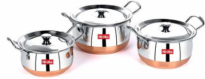 Nirvika 3 pcs handi set with lid & handle stainless steel copper bottom patila Non-Stick Coated Cookware Set