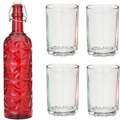 1st Time Bottle & 4 Glass Serving Lemon Set, Red, Clear, Glass, 1000 Ml 1000 ml Bottle With Drinking Glass