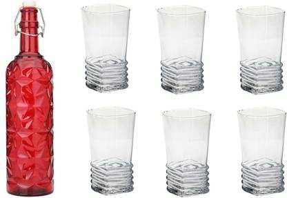AFAST (Pack of 7) Bottle & 6 Glass Serving Lemon Set, Red, Clear, Glass - A1029 Glass Set Water/Juice Glass