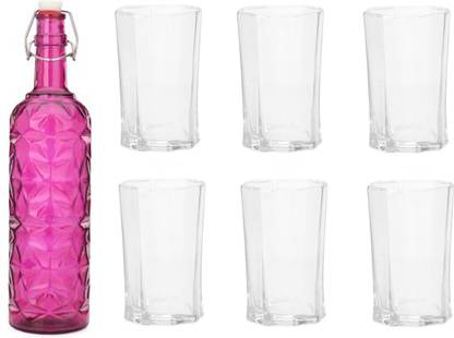 AFAST (Pack of 7) Bottle & 6 Glass Serving Lemon Set, Pink, Clear, Glass - A773 Glass Set Water/Juice Glass