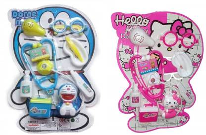 V India Doraemon and Hello Kitty Doctor Medical Kit Combo Cartoon Character Toy for Kids