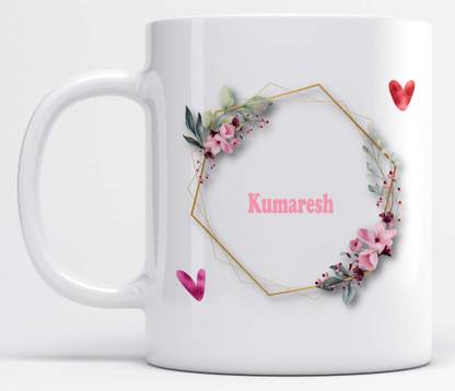 LOROFY Name Kumaresh Printed Floral and Hearts Design Ceramic Coffee Mug