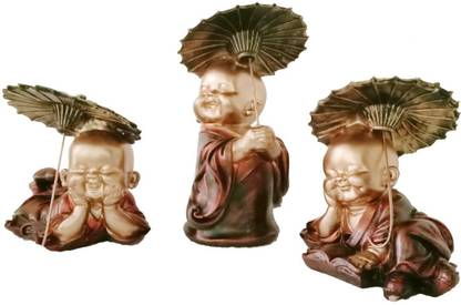 Decorify Set of 3 Umbrella Baby Laughing Buddha Statue Figurine Height Decorative Showpiece  -  17.5 cm
