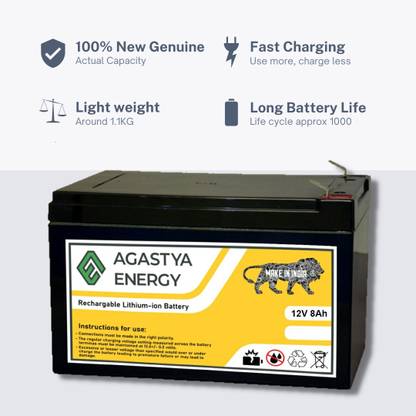 Agastya Energy 12V 8Ah Lithium Ion Battery with BMS Lithium Solar Battery