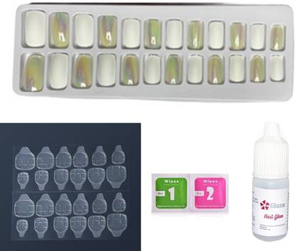 GLAZU High Gloss Mirror & Matte Finish Squoval Shaped Fake Nails with 1 Nail Glue Kit White