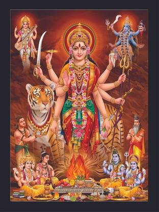 Décor & Design Durga Mata Colorful Background Digital Wall For Home.Office.Drawing Room. Digital Reprint 14 inch x 11 inch Painting