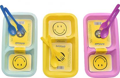 ShubhKraft Return Gift Item In Bulk 2 Compartment Food Plate With Two Small Bowls (3 Pcs)  - Plastic