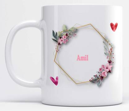 LOROFY Name Amil Printed Floral and Hearts Design Ceramic Coffee Mug