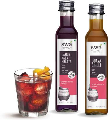 SWA Artisanal Syrups V2 Pack, 100% Natural, 24-30 Drinks, Combo Pack of 2, Jamun Kala Khatta, Guava Chilli