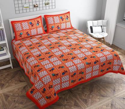 CHIRAG TEXTILES 240 TC Cotton Double Jaipuri Prints Flat Bedsheet