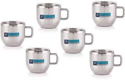 Shreepal Pack of 6 Stainless Steel Double Wall Tea Cup Size- 6cm, (CP-19 TIP TOP Tea Cup) Capacity-100 ml Each Cup