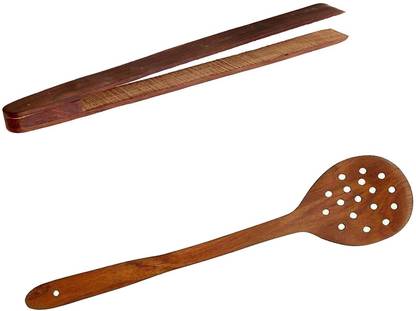 STUFFCOLLECTION Wooden Tong/Chimta and Wooden Side Turner Spoon I Brown Pack of 2 Kitchen Tool Set