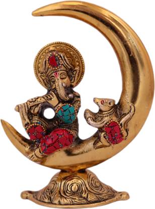 stylzo Golden Ganesh Ji Sitting On Moon/Chand / Ganpati Murti Decoration Showpiece Decorative Showpiece  -  16 cm