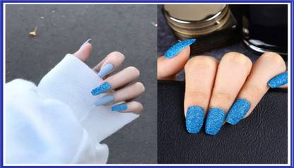 VIKSON INTERNATIONAL 18 Pcs set of 12 Pcs LAKE BLUE MATTE 6 PCS BLUE GLITTER nails set. SKY BLUE, GLITTER BLUE