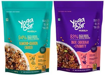 Yogabar Wholegrain Breakfast Muesli | Dark Chocolate Cranberry | Almond + Quinoa Crunch | 400g Each Box  (2 x 400 g)