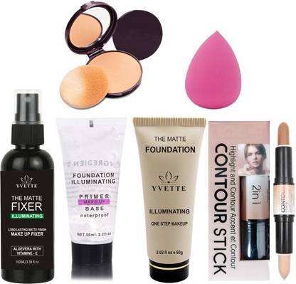 YVETTE FIXER SPRAY, PRIMER, FOUNDATION, Highlighter and Contour Stick, COMPACT POWDER, Blender Spounge
