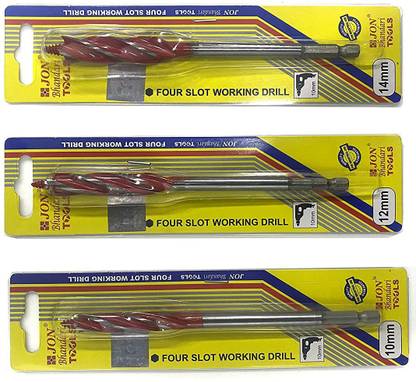 Jon Bhandari Tools 10mm, 12mm, 14mm Four Slot Wood Working Drill Bit Shank Twist Bore Hole Auger Drilling Bit For Woodworking