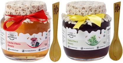 Farm Naturelle Pack of 2x400Gms with Cinnamon Powder Forest-Vana Tulsi Flower Honey & Litchi Flower Honey Combo (High Medicinal value, Tasty and Aromatic)