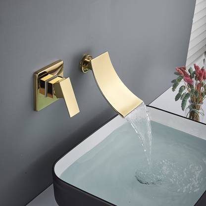 24x7eMall by 24x7 eMall Gold Waterfall Faucet Tap Wall Brass Basin Mixer Wall mixer Golden Bathroom Wall Mounted Basin Mixer Faucet