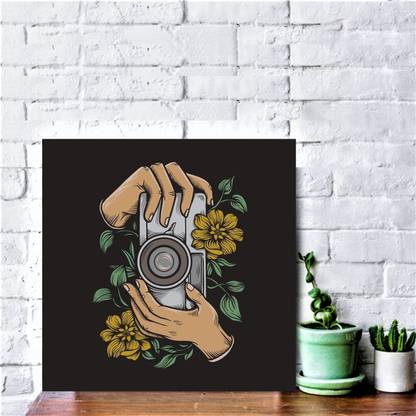 Chaque Decor "Clicking Camera" Textured Wall Art Panel in pinewood(9.5x9.5) Digital Reprint 9.5 inch x 9.5 inch Painting