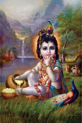 GOD'S LORD Krishna ON FINE ART PAPER HD QUALITY WALLPAPER POSTER Fine Art Print (19 inch X 13 inch, Rolled) Paper Print