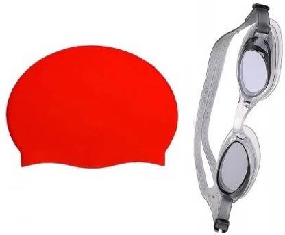 HHS SPORTS Unisex Silicone anti fog swimming goggle with cap red Swimming Cap
